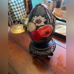 Floral Painted Decorative Egg - Black with Red and White Flowers